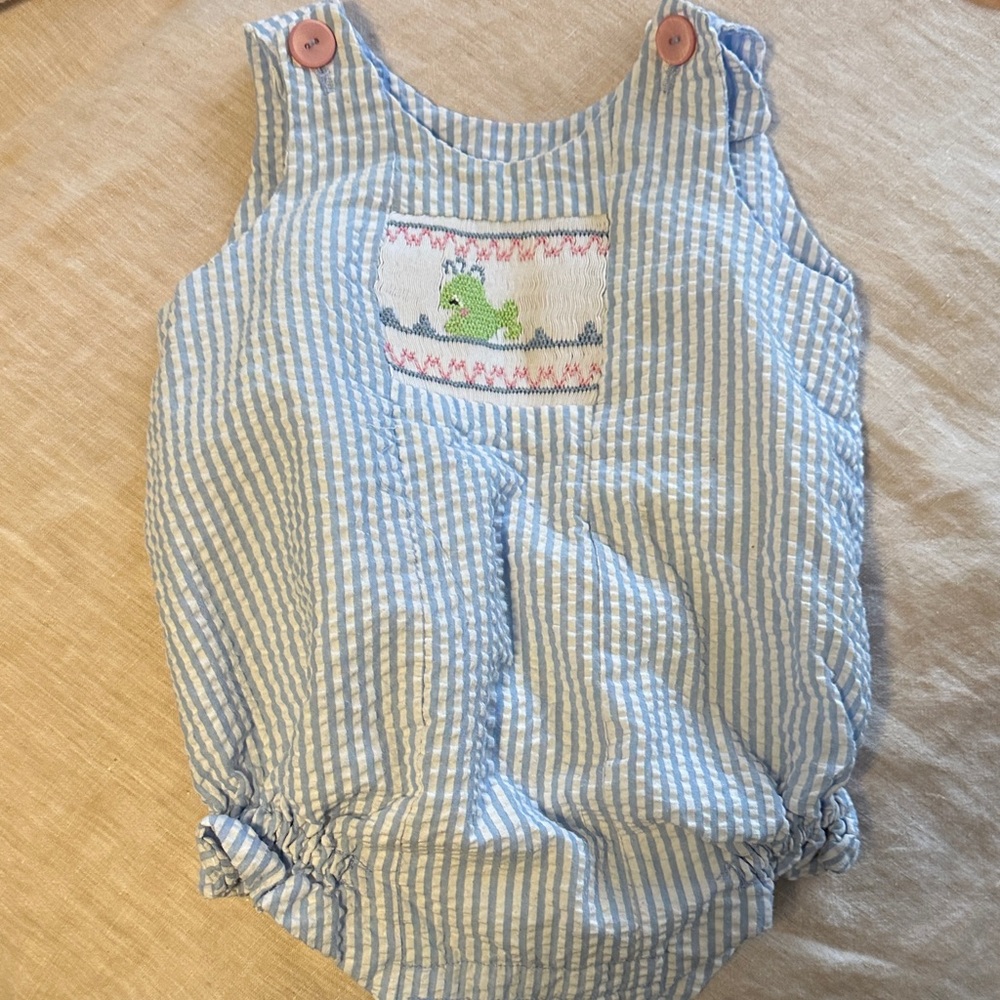 Blue Striped Baby Romper with Frog Embroidery